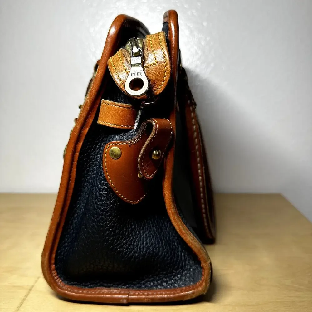 Vintage Dooney & Bourke Satchel All Weather Leather Pebble Brass Buckle Navy